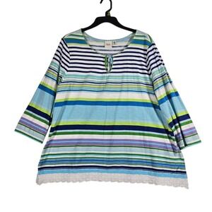 Rafaella Knit Top Womens Petite PXL White Blue Striped 3/4 Sleeve Lace Trim